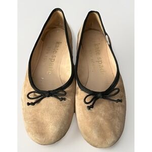 Kate Spade New York Honey Tan Suede Ballet Flats Black Lining Bow Accent Sz 7 B